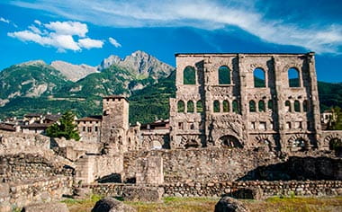 Historical ruins in the town of Aosta, Italy